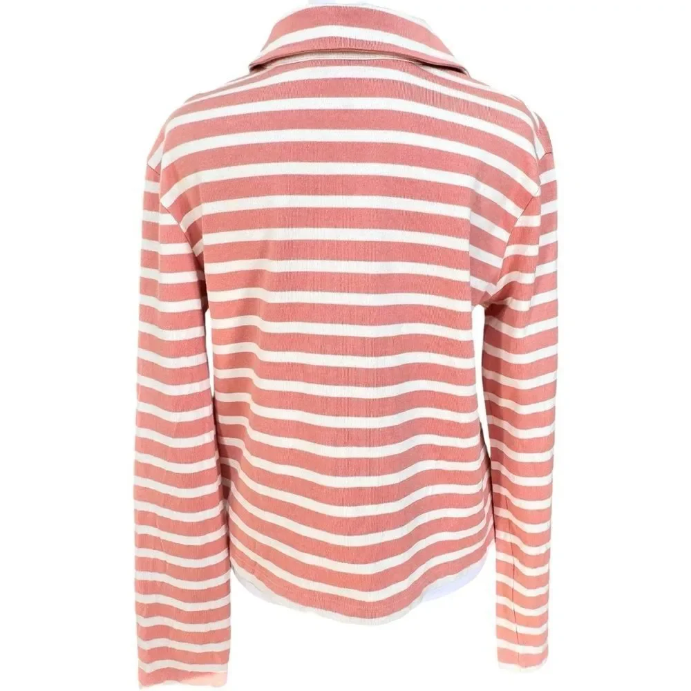 Boden Notch Collar Long Sleeve Pink & White Stripe Pullover Top Shirt. NWOT. XS. - Picture 3 of 8